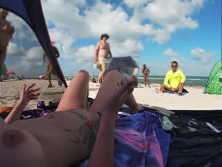 Exgibitionist wife Mrs. Kiss shows us her first-person view on a NUDIST beach with a VUAIERIST jerking off in front of her and several other men watching!