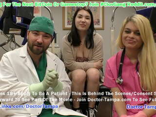 Mina Moon é submetida a um exame médico obrigatório para a Universidade de Tampa pelo Dr. Tampa Destiny Cruz